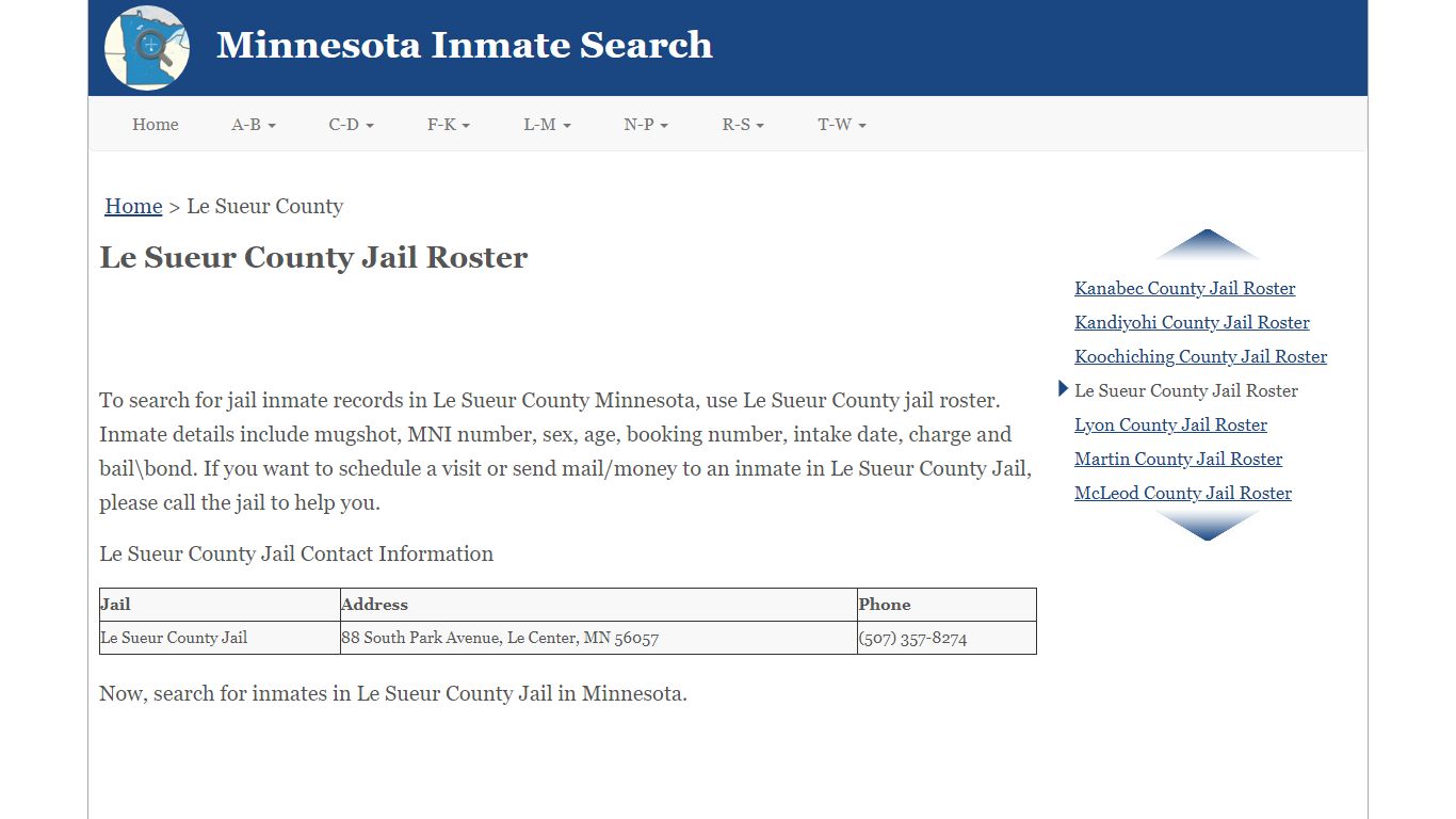 Le Sueur County Jail Roster - Minnesota Inmate Search